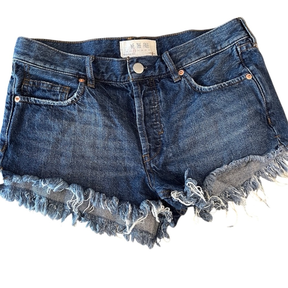 We The Free Fringe Button Up Blue Denim Cutoff Shorts SZ 26 100% Cotton EXC